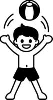 black and white illustration of a boy playing with a beach ball vector