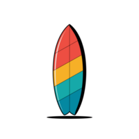 A vertically standing surfboard features bold, diagonal stripes in red, yellow, and teal cutouts png