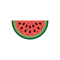 A simple, flat design of a watermelon slice showcases a semi-circle with a red interior, black seeds, and a green rind. cutouts png