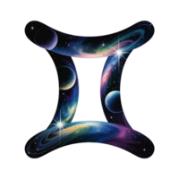 A cosmic-themed design forms a Gemini zodiac shape, filled with swirling galaxies and distant planets against a starry backdrop. cutouts png
