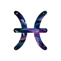 A stylized Pisces symbol features a fish intertwined with cosmic elements like stars and waves, set against a gradient of deep blue and purple cutouts png