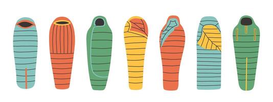 Sleeping bag set. Simple sleeping bag collection for outdoor. Various styles and colors suitable for different weather conditions. vector
