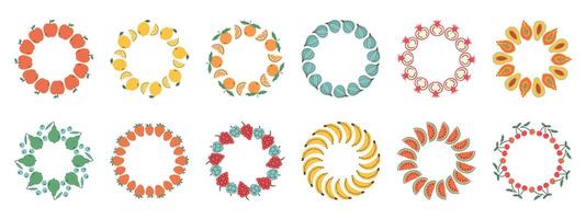 Simple fruit frame set. Different fruits design template, copy space. Cute hand drawn fruits round frame in doodle style. Circular template. Hand drawn fruits circle border. vector