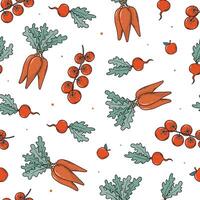 hand drawn vegetables seamless pattern, carrots, turnips, cherry tomatoes doodles pattern for wallpaper, banners, backgrounds, wrapping paper, product packaging, etc. EPS 10 vector