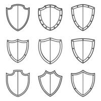 set of nine black and white outline illustrations showcases various medieval shield designs. vector
