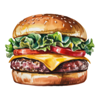 A delicious cheeseburger is shown with fresh lettuce, juicy tomato slices, and a perfectly cooked patty, topped with melted cheese and nestled in a sesame seed bun cutouts png