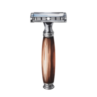 A classic safety razor is shown with a polished metallic head and a wooden handle, combining both modern and traditional elements cutouts png