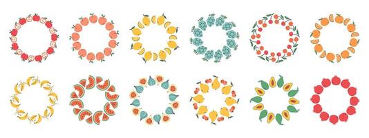 Fruit frame set. Different fruits design template, copy space. Cute hand drawn fruits round frame in doodle style. Circular template. Hand drawn fruits circle border. vector