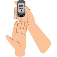 Hands checking blood sugar with glucometer. Person using a glucometer to test blood sugar levels from a fingertip, representing diabetes monitoring and health care. vector