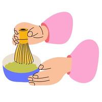 Hands whisking matcha tea in bowl. Hands using a bamboo whisk to prepare matcha green tea in a bowl, representing a traditional Japanese tea-making process. vector