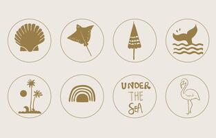 summer gold icon with shell,flamingo, stingray,beach for kid design vector