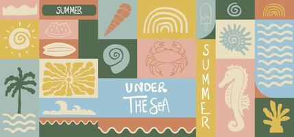 Summer geometric banner background with seahorse,rainbow,shell.graphic for horizontal design vector