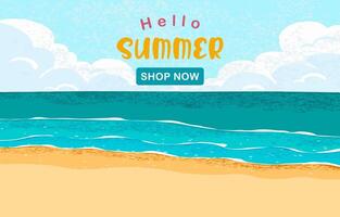 Hello summer landscape grain texture background with beach and and palm leaves for horizontal design vector