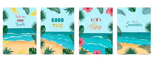 Hello summer background with palm leaves, melon,flower frame for a4 vertical design vector