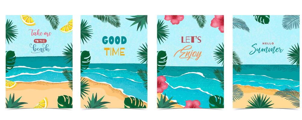 Hello summer background with palm leaves, melon,flower frame for a4 vertical design