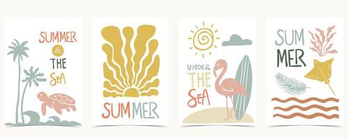 Summer groovy background with sun,flamingo,turtle. graphic for a4 vertical design vector