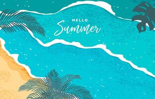 Hello summer landscape grain texture background with blue beach and palm leaves for horizontal design vector