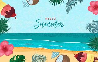 Hello summer background with palm leaves,ice cream,flower frame for horizontal design vector