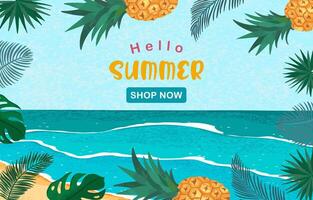 Hello summer background with palm leaves,pineapple frame for horizontal design vector