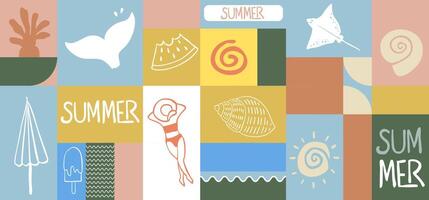 Summer geometric banner background with shell,stingray,fish tail. graphic for horizontal design vector