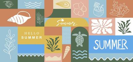 Summer geometric banner background with shell,turtle,fish tail. graphic for horizontal design vector