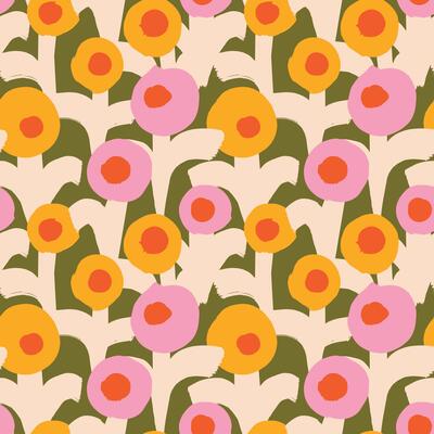 Seamless Hand Drawn Abstract Floral Pattern. Bold Retro Flowers in Pink, Beige, Green and Yellow. Vintage Style Repeat for Fabric and Wallpaper