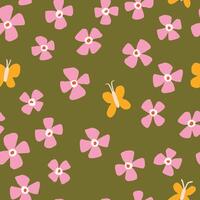 Seamless Pattern with Flowers and Butterflies on Green Background. Hand Drawn Cute Spring and Summer Design vector