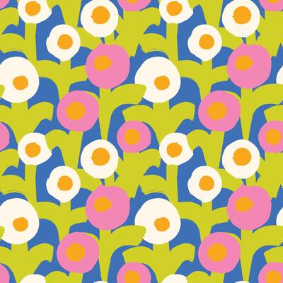 Seamless Hand Drawn Abstract Floral Pattern. Bold Retro Flowers in Pink, White, Green, Yellow and Blue. Vintage Style Repeat for Fabric and Wallpaper