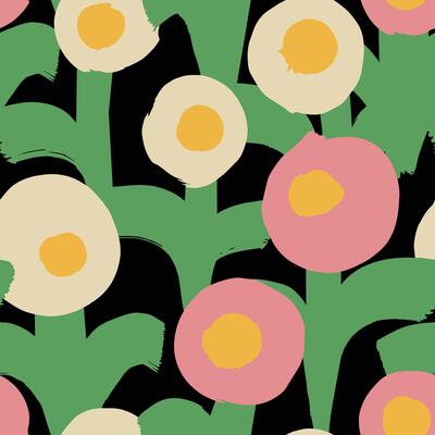 Seamless Hand Drawn Abstract Floral Pattern. Bold Retro Flowers in Pink, Beige, Green, Yellow and Black. Vintage Style Repeat for Fabric and Wallpaper