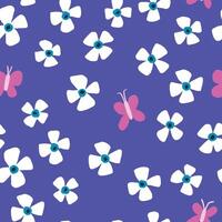 Seamless Pattern with Flowers and Butterflies on Blue Background. Hand Drawn Cute Spring and Summer Design vector
