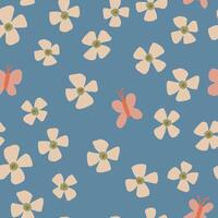 Seamless Pattern with Flowers and Butterflies on a Light Blue Background. Hand Drawn Cute Spring and Summer Design vector