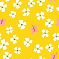 Seamless Pattern with Flowers and Butterflies on Yellow Background. Hand Drawn Cute Spring and Summer Design vector