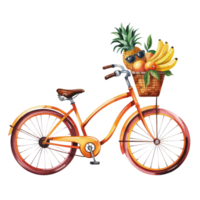 A colorful bicycle is shown with a basket full of tropical fruits like pineapples and bananas. cutouts png