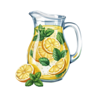 A glass pitcher filled with refreshing lemonade features slices of lemon and sprigs of mint, conveying a sense of freshness and summer cutouts png