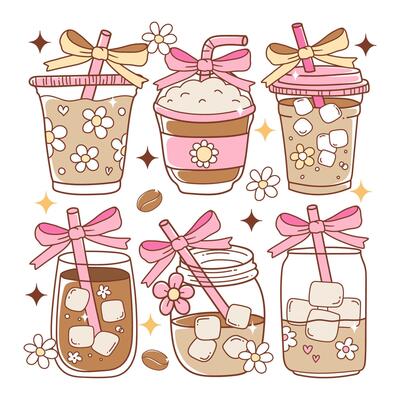 Coquette Iced Coffee Lover, Girly Iced Coffee Trendy Doodle Cartoon Style Hand Drawn Elements