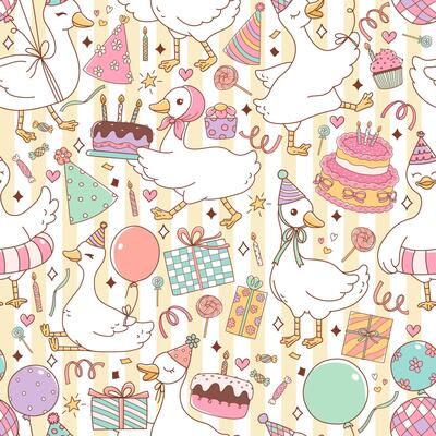 Happy Birthday Party Silly Goose Seamless Pattern Isolated on Yellow Long Stripes Background