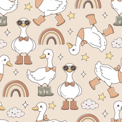 Boho Silly Goose Seamless Pattern Isolated on Natural Color Background