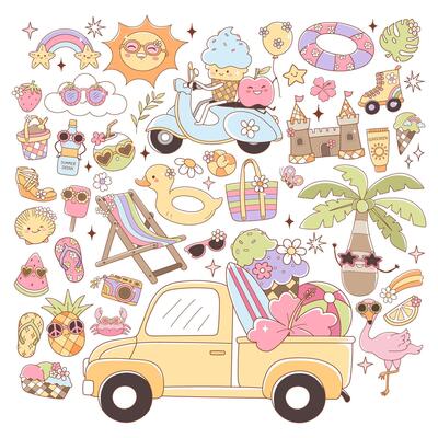 Retro Summer Vibes, Retro Vacation Doodle Cartoon Style Hand Drawn Elements