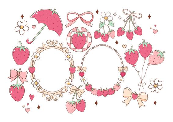 Strawberry set with Strawberry Umbrella, Ribbon Bows, Balloons and Vintage Frame Doodle Cartoon Style Hand Drawn Elements