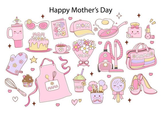 Mother s Day with Retro and Trendy Mom Life Doodle Cartoon Style Hand Drawn Elements