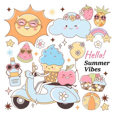 Groovy Summer Vibes, Retro Vacation Doodle Cartoon Style Hand Drawn Elements