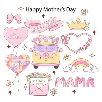 Happy Mothers Day with Retro and Trendy Mom Life Doodle Cartoon Style Hand Drawn Elements