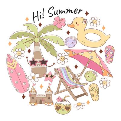 Summer Vibes, Retro Vacation Doodle Cartoon Style Hand Drawn Elements