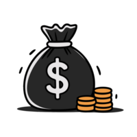 A cartoon-style image depicts a large money bag with a prominent dollar sign and a stack of coins beside it. cutouts png