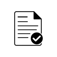 A simple black icon depicts a document with lines suggesting text and a bold checkmark in a circle on its lower right corner cutouts png