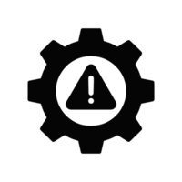 A black gear symbol contains a warning sign with an exclamation mark in its center, suggesting a caution or alert related to mechanical processes. cutouts png