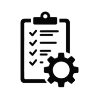 A checklist with checkmarks is depicted on a clipboard, accompanied by a gear icon symbolizing settings or configuration cutouts png