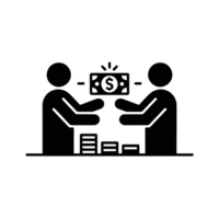 Two simplified figures engage in a transaction, exchanging a stack of money represented by a dollar bill cutouts png