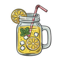 A mason jar filled with lemonade is garnished with lemon slices, mint leaves, and ice cubes, with a striped straw for sipping. cutouts png