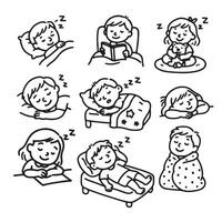 A set of children sleeping in bed with various different poses vector